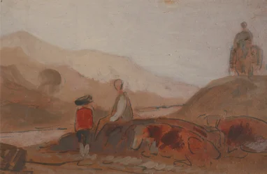 Gebirgige Landschaft mit Figuren an einem See